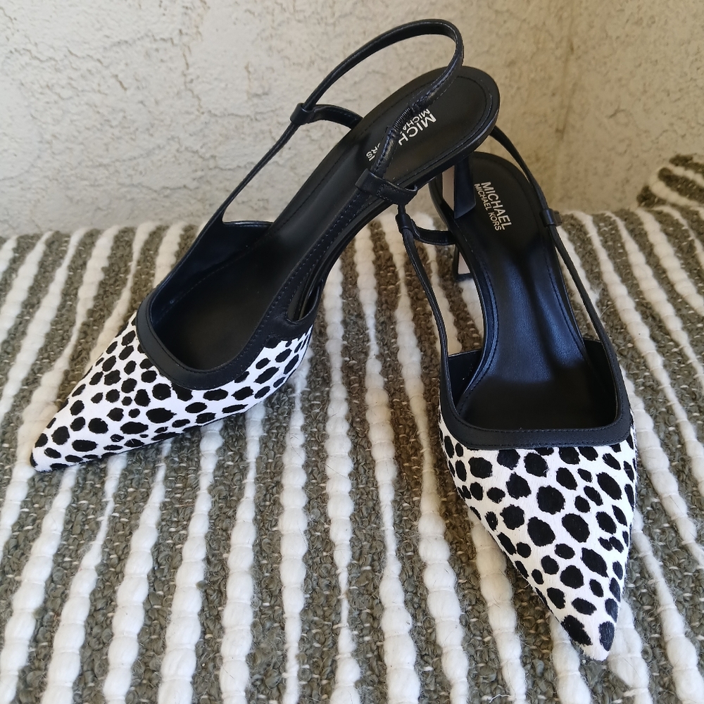 Michael Kors Black & White Suede Dalmatian Print Slingback Pumps